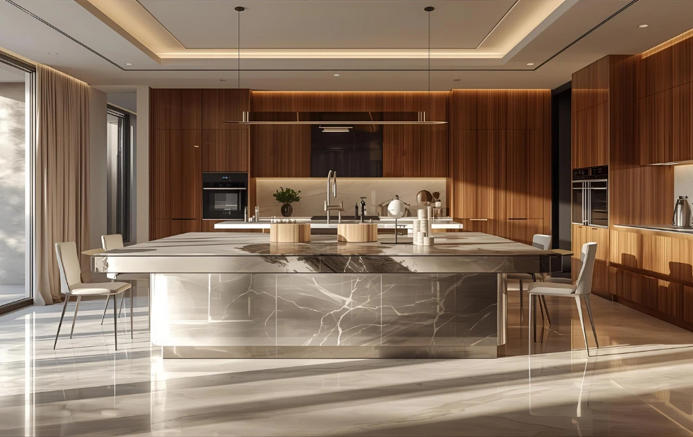 Elegant luxury interior showcasing marble flooring and wooden cabinetry protected by Luxury Interior Surface Protection Film.
