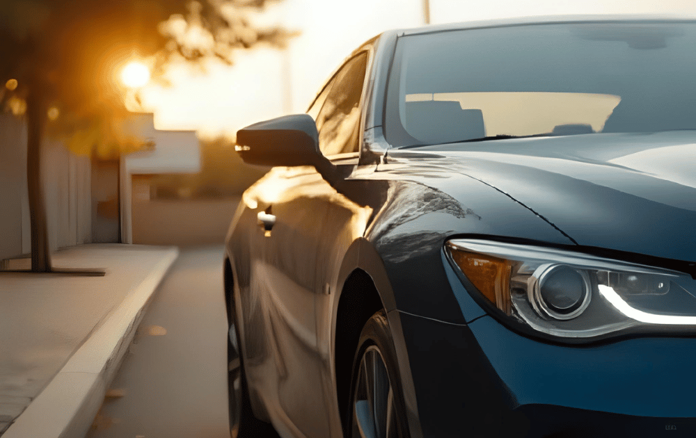 Car surface reflecting sunlight with UV protection film in India.