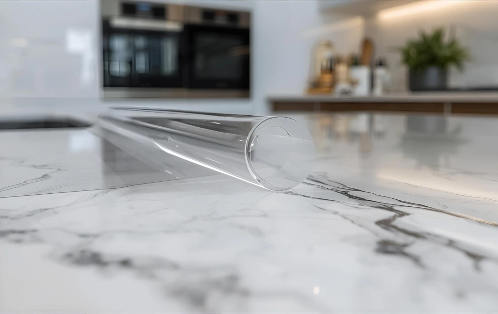 Close-up of transparent film being applied on marble countertop using Luxury Interior Surface Protection Film.