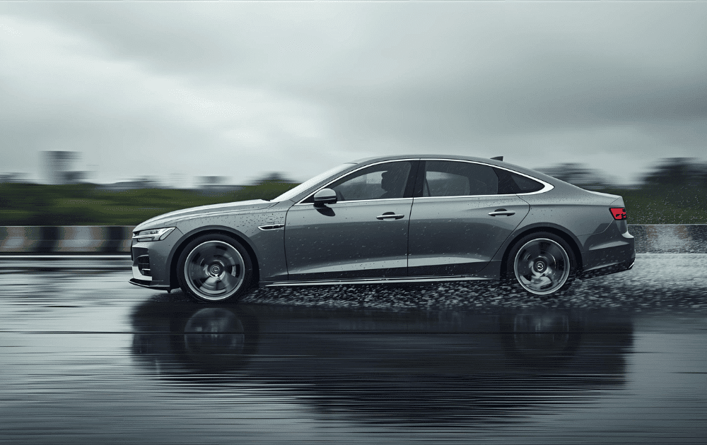 Car with hydrophobic protection driving through Indian rain.