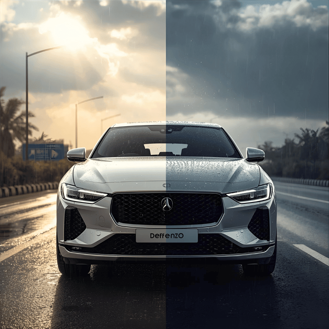 Luxury car protected under sun and rain, symbolizing all-weather car protection India.