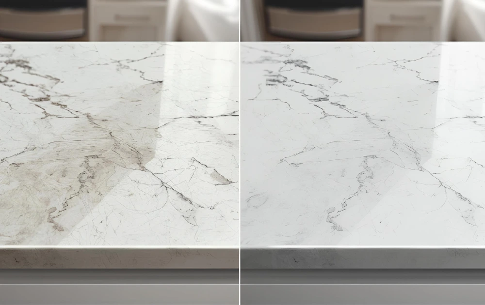 Before and after comparison showing scratched surface vs protected surface with Luxury Interior Surface Protection Film.