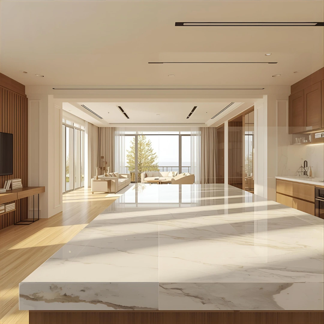 Elegant modern luxury home interior featuring marble countertops, wooden finishes, and glass surfaces protected with Defenzo Luxury Interior Surface Protection Film.