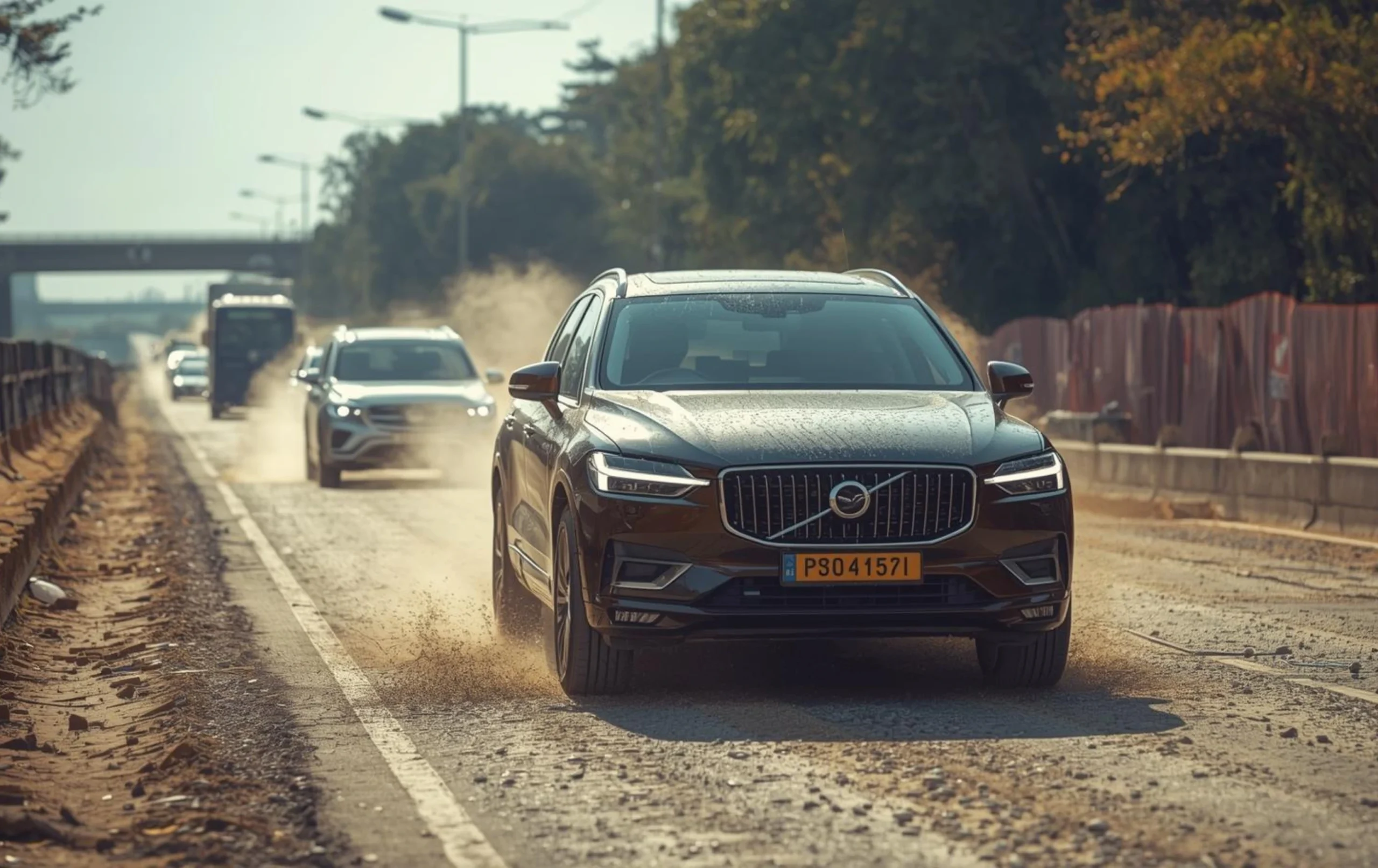 Car driving on dusty Indian road with gravel and traffic causing potential paint damage