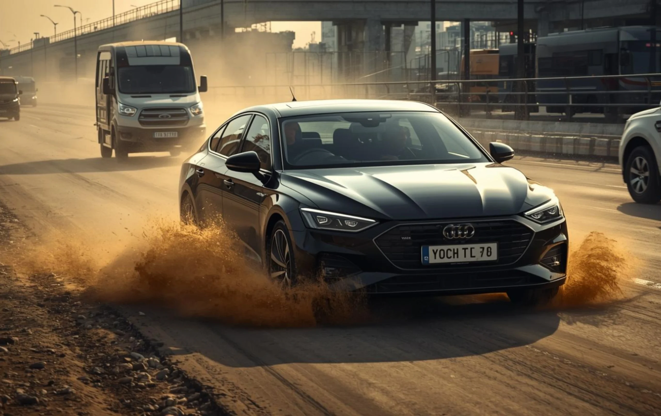 Car driving on dusty Indian road facing stone chips and debris impact