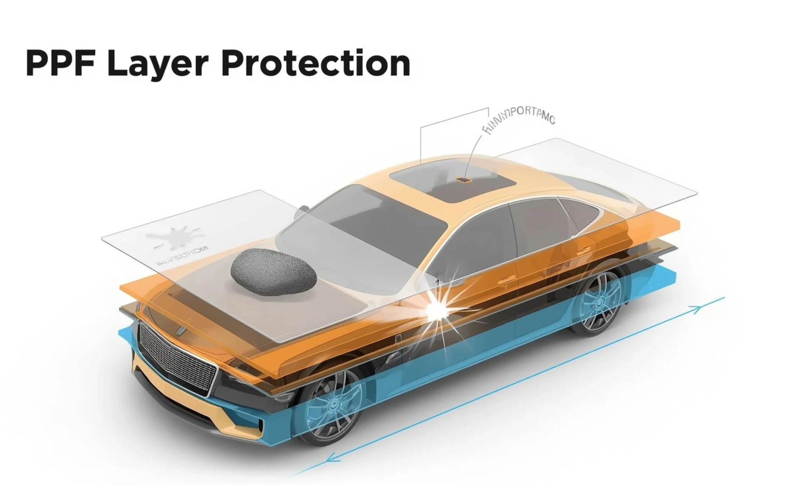 Paint Protection Film layer diagram showing impact absorption over car paint