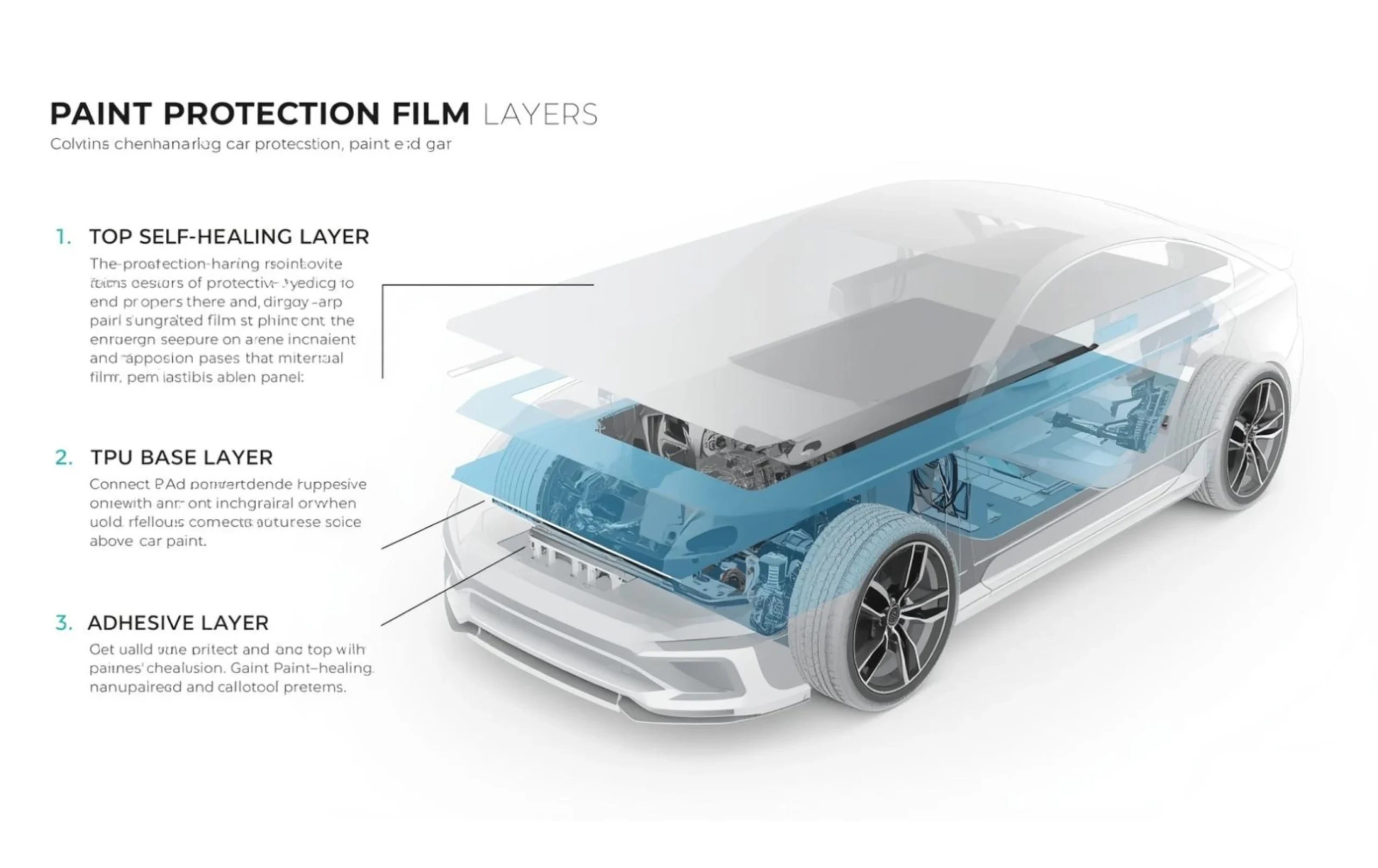 Paint protection film layers showing top coat, TPU base, and adhesive layer