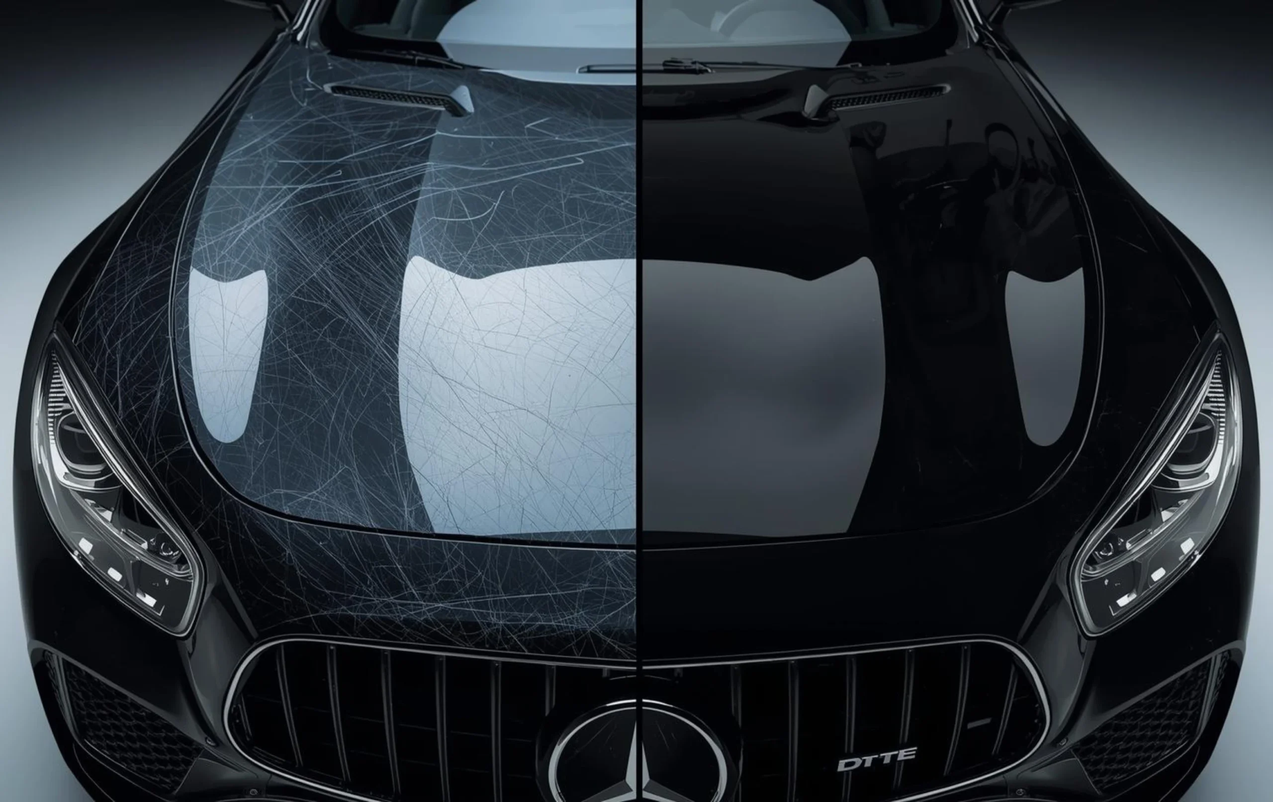 Before and after comparison of car paint with scratches versus protected glossy finish