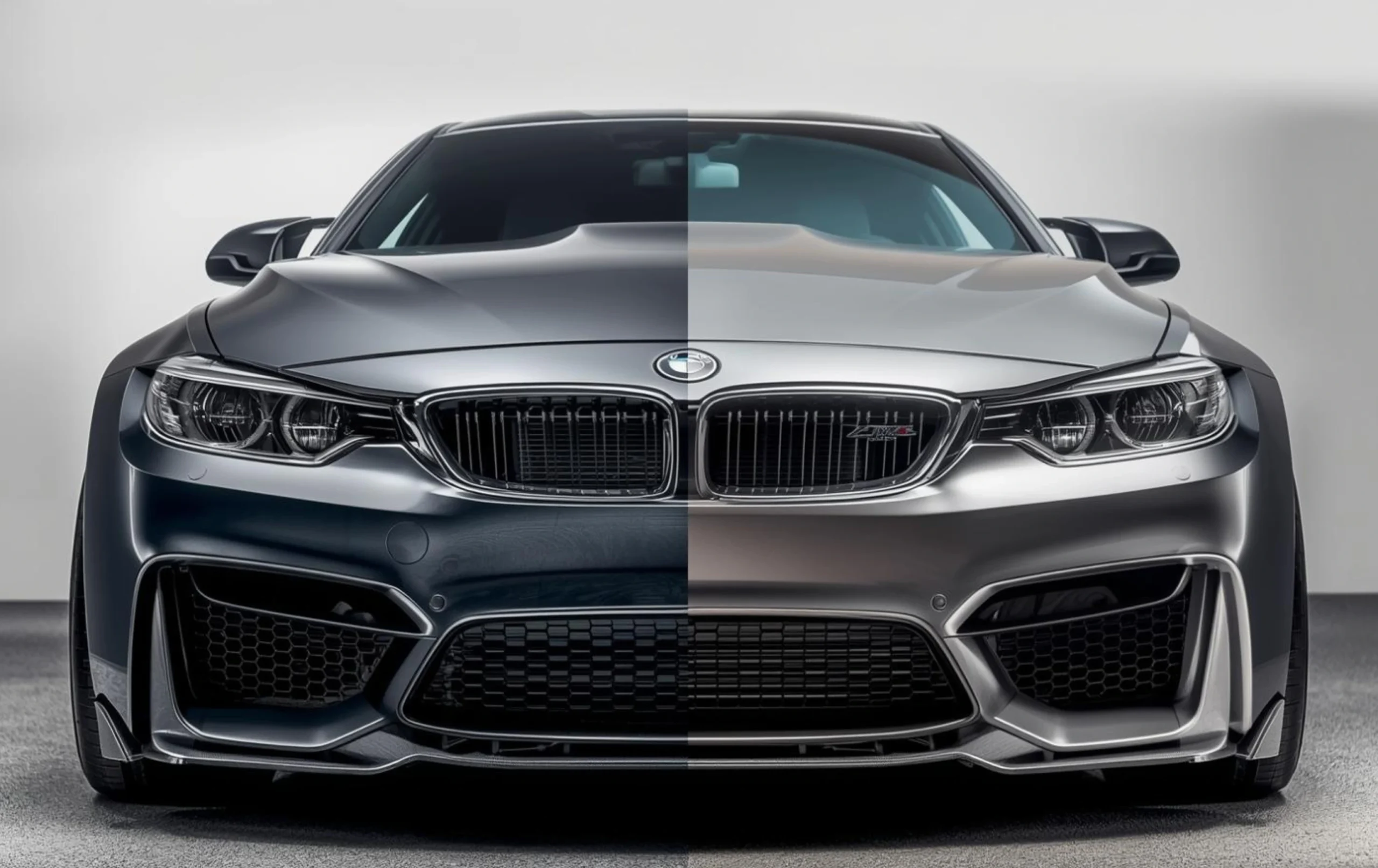 Glossy vs matte paint protection film comparison on car front view