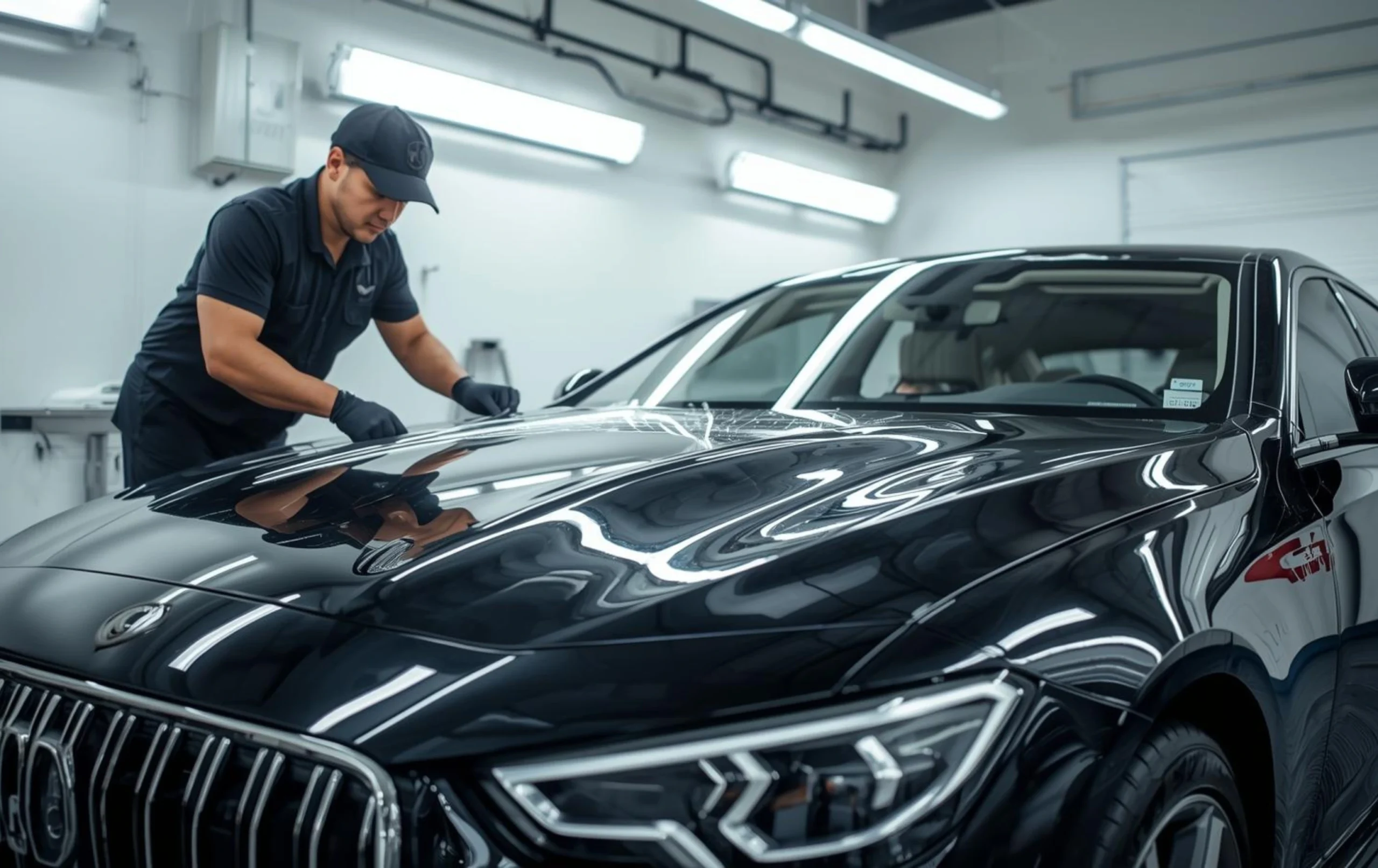 Technician applying Paint Protection Film on luxury car in detailing studio