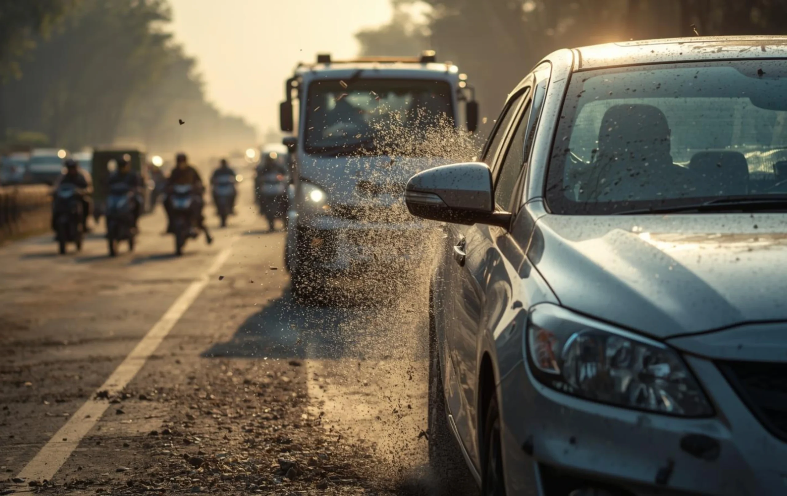 Road debris and stone chips hitting car body during traffic conditions