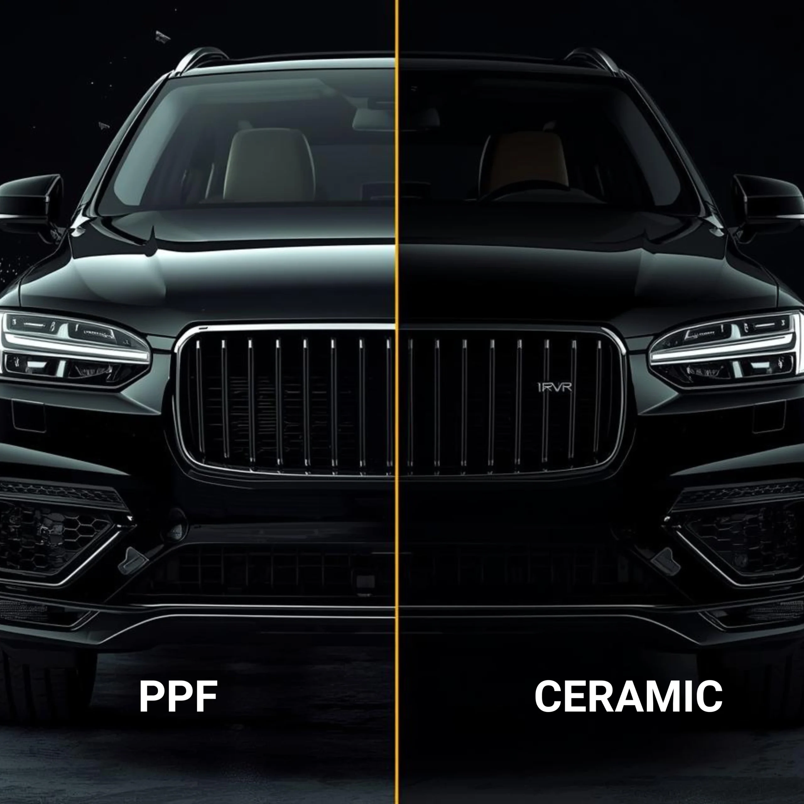 PPF vs Ceramic Coating comparison image showing split luxury car front view highlighting paint protection differences