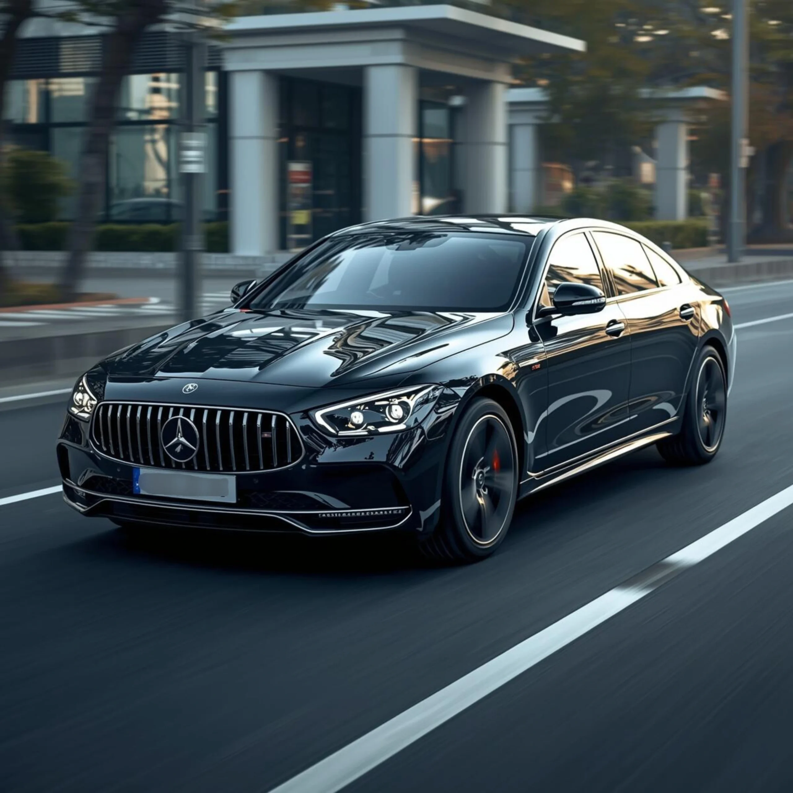 Luxury black sedan with glossy paint driving on city road, representing paint protection film benefits in India